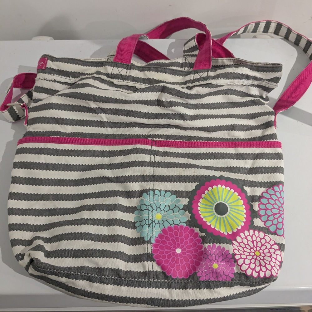 Thirty-One Pink and Gray Tote Bag with Whimsical Floral Accents